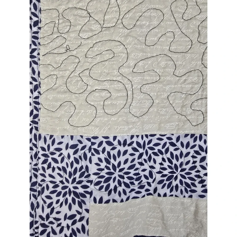 Handmade Quilt Navy Blue Patchwork Floral Script Farmhouse Decor 25x40